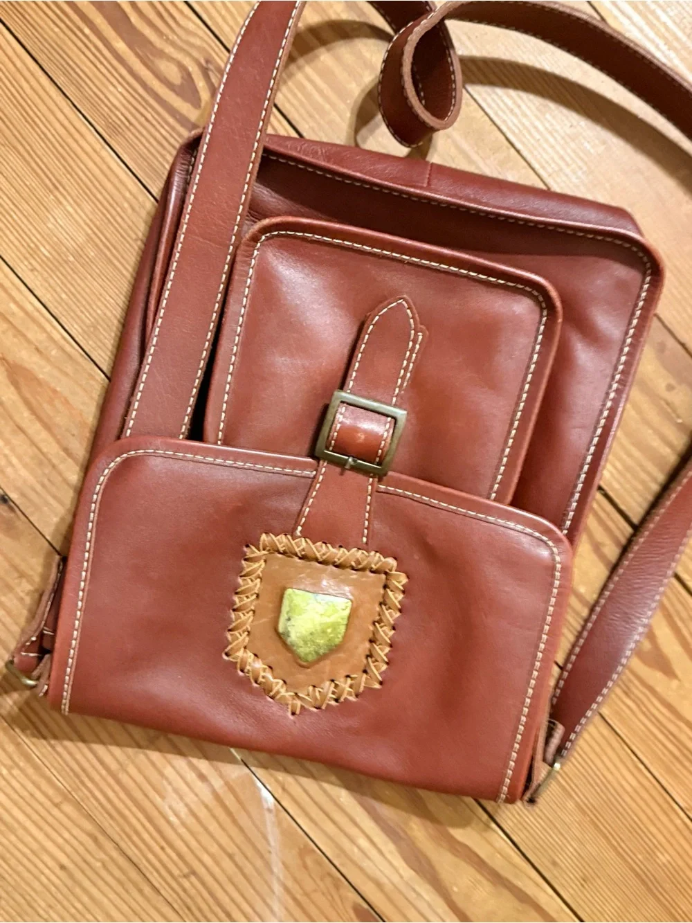 Brown Leather Crossbody Bag - Gemstone inlay Shoulder Bag